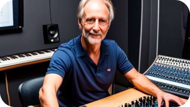 A sound engineer adjusting sound levels of an audio production in a recording studio