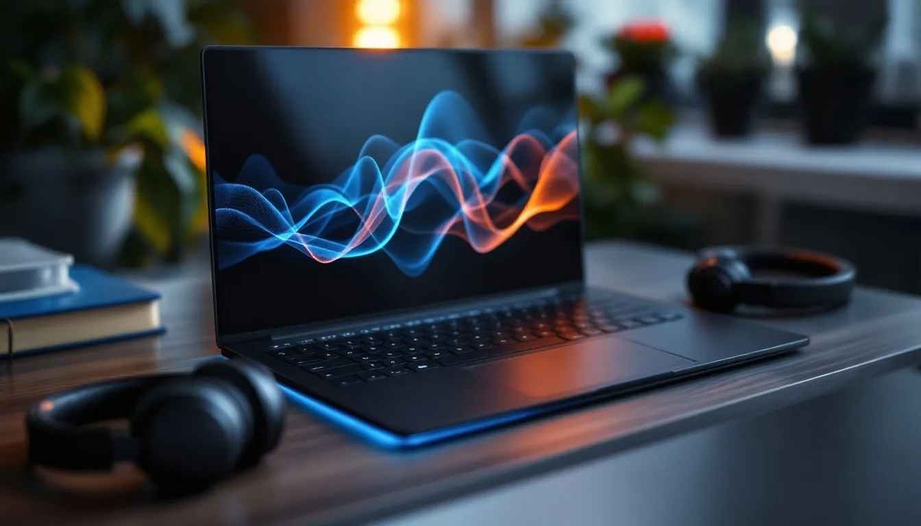 An image of a laptop ideal for music listening, showcasing its sleek design.