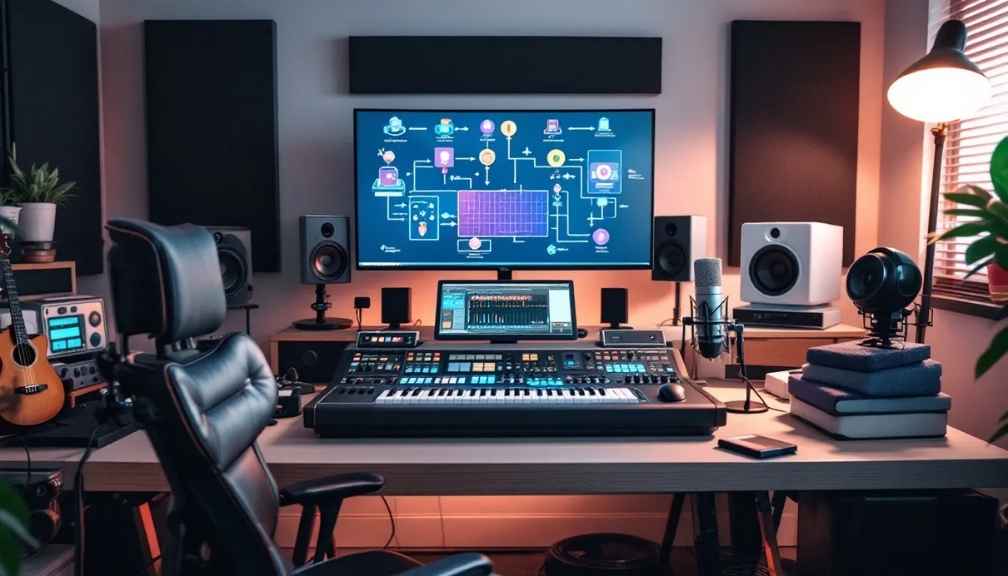 A well-organized home recording studio setup.